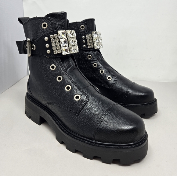 Karl Lagerfeld Maeva Womens Lug Sole  Combat Boots Sz 6M Black Leather Crystals - Picture 2 of 11